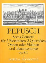 Pepusch, Johann Christoph: Concerti op.8,1 für 2 Blockflöten, (Flöten, Oboen, Violinen), 2 Oboen, (Flöte, Violine) und Bc,   Partitur und Stimmen 